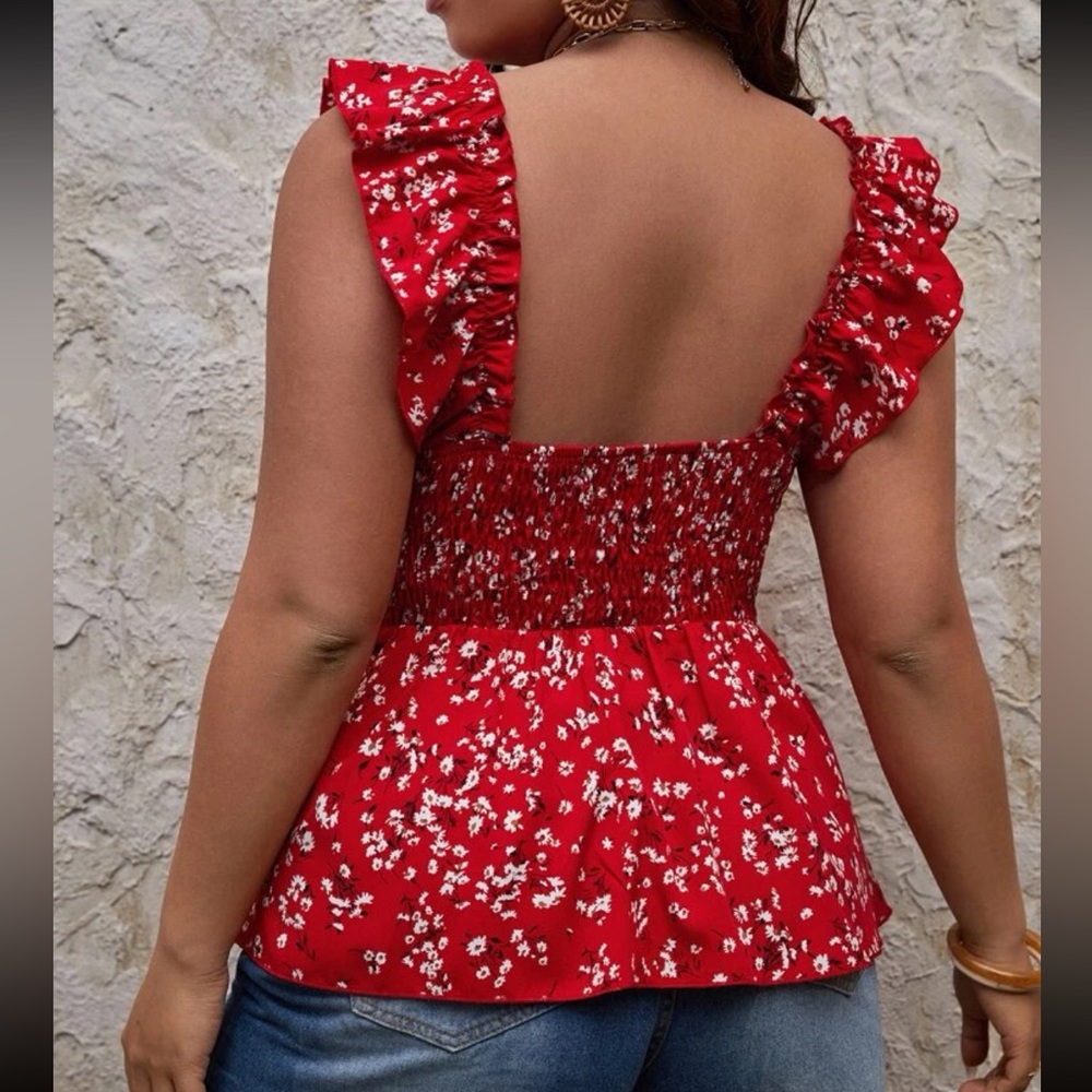 Plus Size Red Ruffle Smocked Tank Top Blouse - Picture 2 of 5
